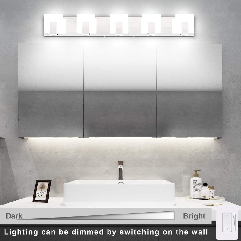 Aipsun Modern 5-Light LED Vanity Light - Dimmable Chrome Bathroom Wall Light Over Mirror (White Light) - Image 2